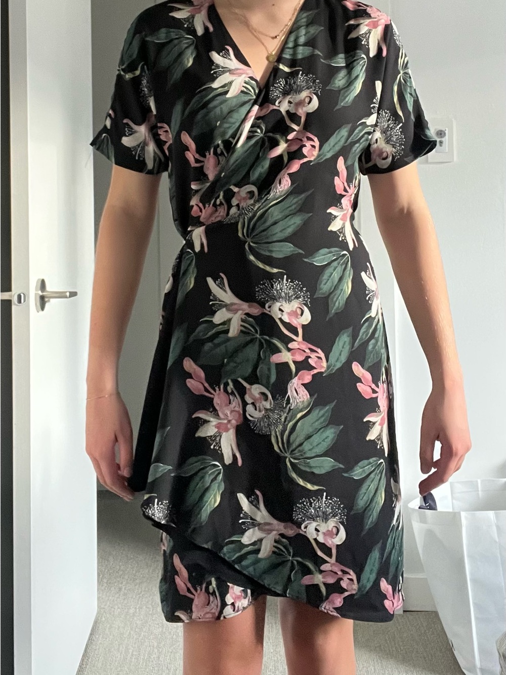 Aritzia Black Floral Wrap-Style Mini Dress with Pink & Green Print